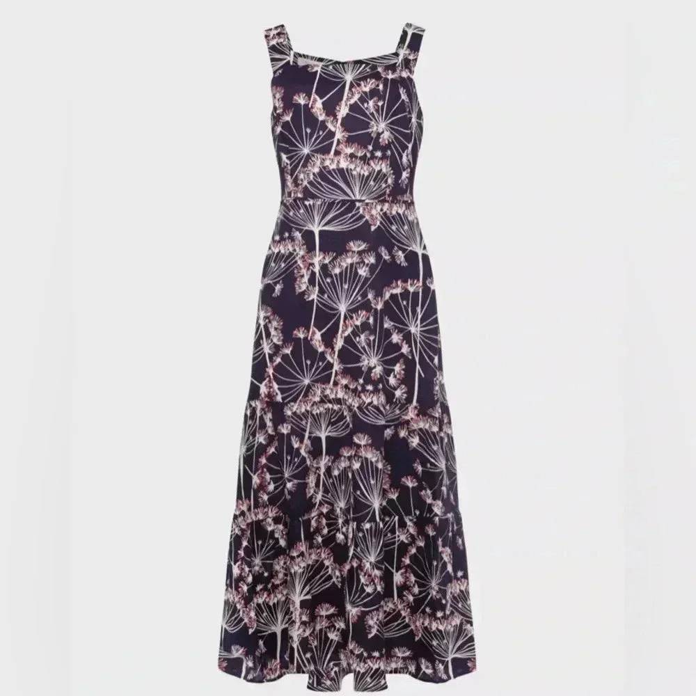 Hobbs London Lynley Flax Linen Midi Dress in Blue & Ivory Size U.S 14
